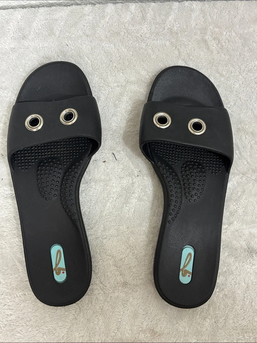 Oka-B Black Grommet Slide Sandals Comfort Massage Footbed Size M (7-8)